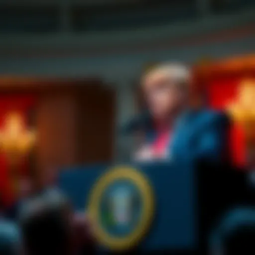 President Trump speaking about cryptocurrency at a podium, emphasizing its role in fixing the financial system.