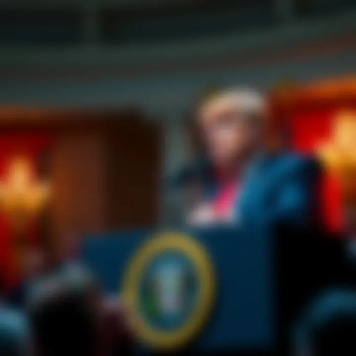 President Trump speaking about cryptocurrency at a podium, emphasizing its role in fixing the financial system.