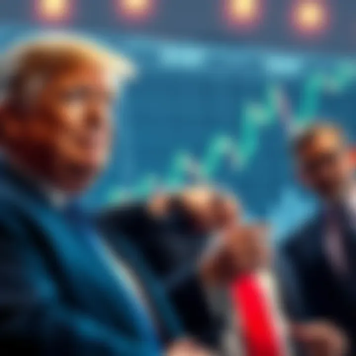 Donald Trump stands smiling with a background showing a graph indicating profits, while investors look worried in the foreground with charts showing losses.