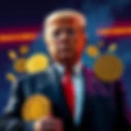 Former President Donald Trump stands with various cryptocurrency symbols, representing his financial gains from the crypto market amid regulatory changes.
