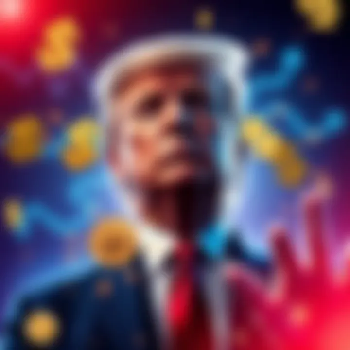 A graphic showing Trump with dollar signs and cryptocurrency symbols, illustrating his $800 million crypto gains and tax implications.