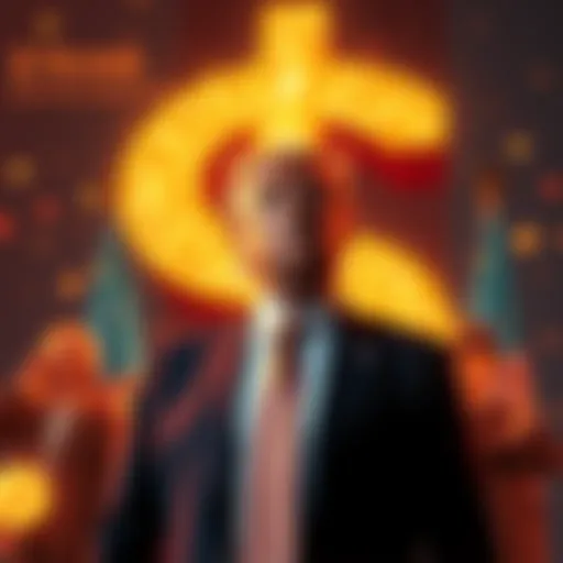 President Trump stands in front of a large dollar sign made of digital coins, symbolizing his $1.4 billion earnings from cryptocurrency investments.