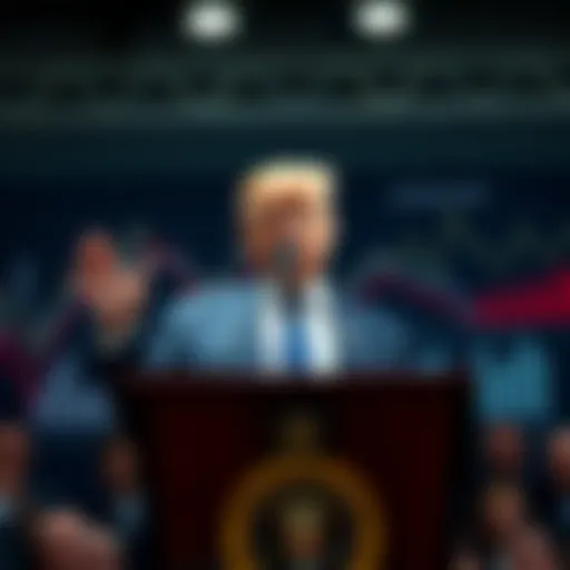 Former President Trump speaking at a podium about his economic strategies, with graphs and charts in the background.