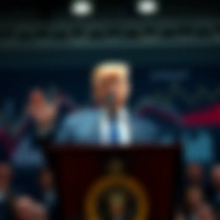 Former President Trump speaking at a podium about his economic strategies, with graphs and charts in the background.