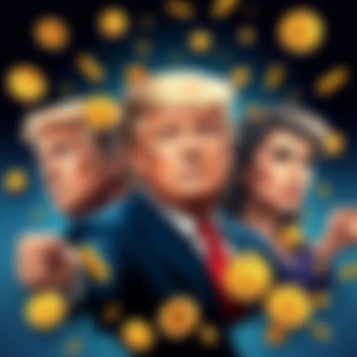 An illustration showing the Trump family with dollar signs and cryptocurrency symbols around, indicating financial struggles due to allegations.