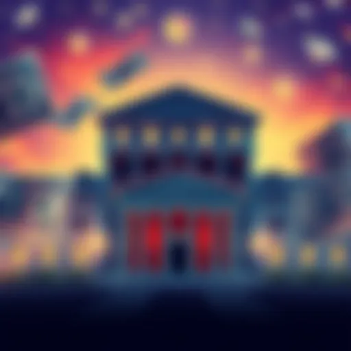 Illustration of financial documents and a bank building symbolizing Trump's family's private dollar and federal bank connections.