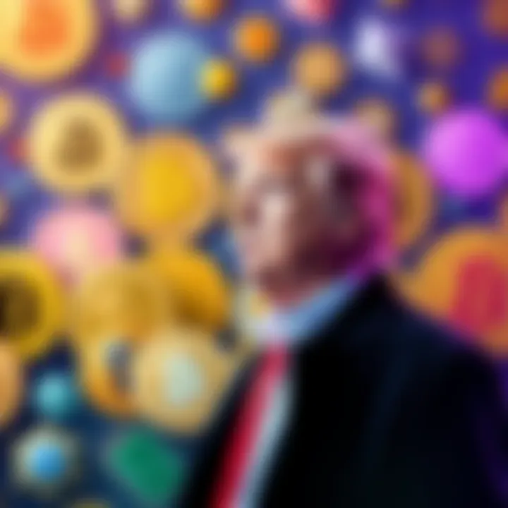 Former President Trump standing in front of various cryptocurrency symbols, looking thoughtful with a serious expression.