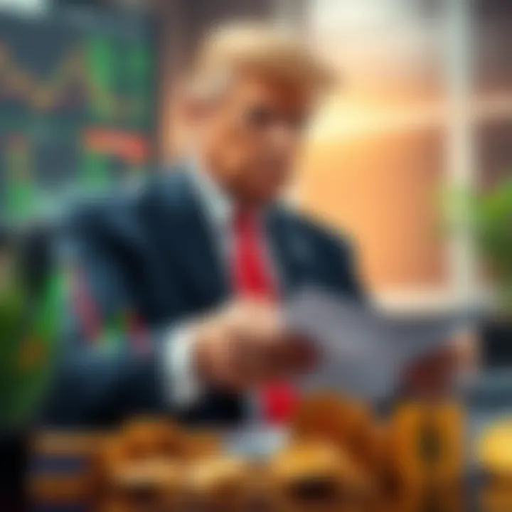 President Trump reviewing stock market charts with cryptocurrency coins nearby