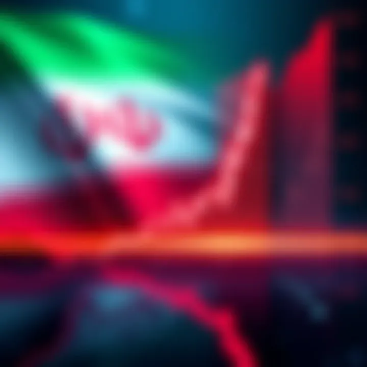 A graphic showing a stock market chart with an upward trend and a background of the Iranian flag, representing Trump's impact on the market.