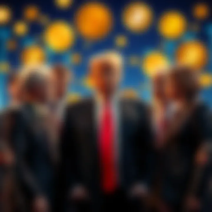 Donald Trump standing with multi-level marketing representatives, discussing finances and political favors, with a backdrop of cryptocurrency symbols.