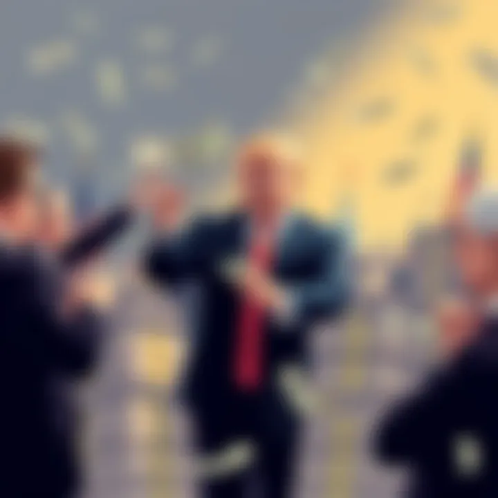 Trump's Pay-to-Play Politics Illustration showing Donald Trump shaking hands with wealthy donors, surrounded by stacks of money and political symbols, representing modern political influence and wealth disparity.