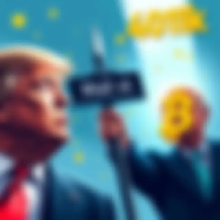 Illustration of President Trump and Wall Street logos with cryptocurrency symbols, representing the push for crypto investments in retirement plans.