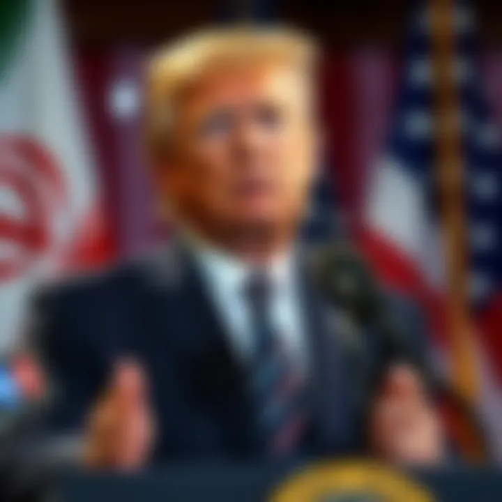 President Trump speaking at a press conference, warning about potential military action against Iran, with a serious demeanor and U.S. flag in the background.