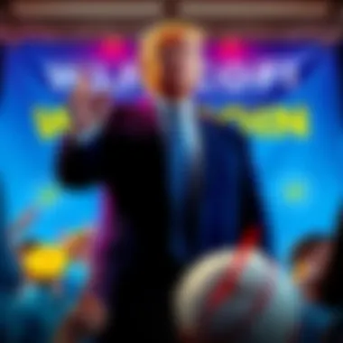 President Trump stands in front of a banner promoting the WLFI cryptocurrency with the unusual 'Shit Piss Skin Can' coin design, surrounded by supporters discussing its potential.