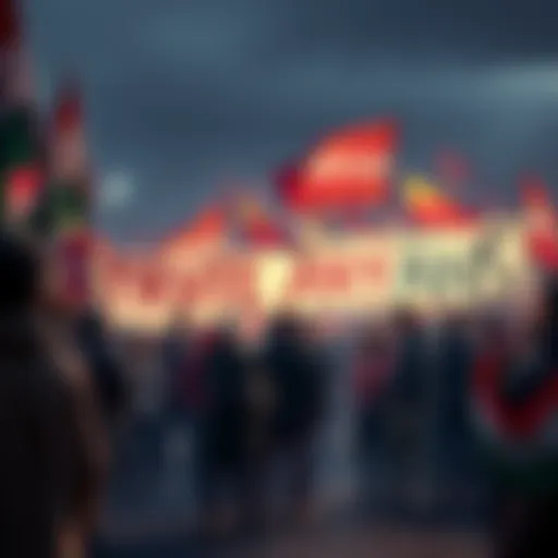 TRVE ARYANS Gathering A group of people at a rally holding banners and flags representing the TRVE ARYANS movement, engaging in discussions.