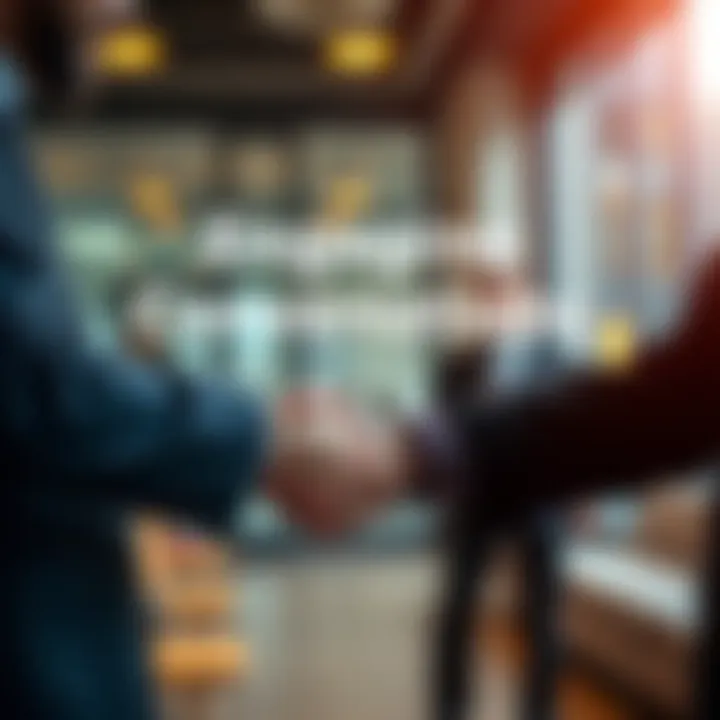 Two individuals shaking hands in agreement during a conversation