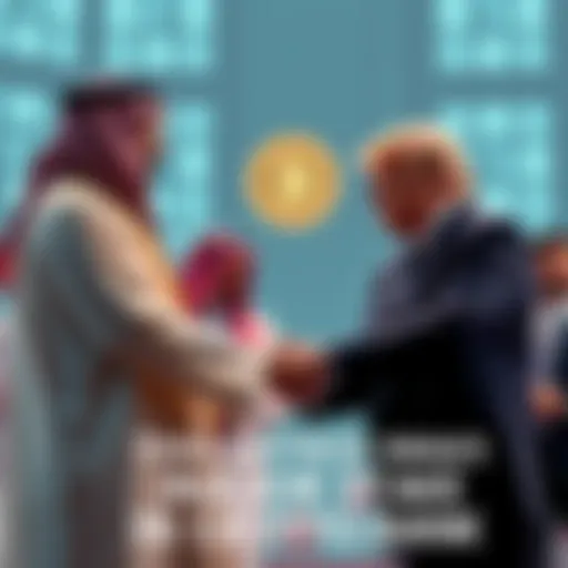 A UAE sheikh with traditional attire is shaking hands with a representative from Trump's cryptocurrency bank, symbolizing a major investment