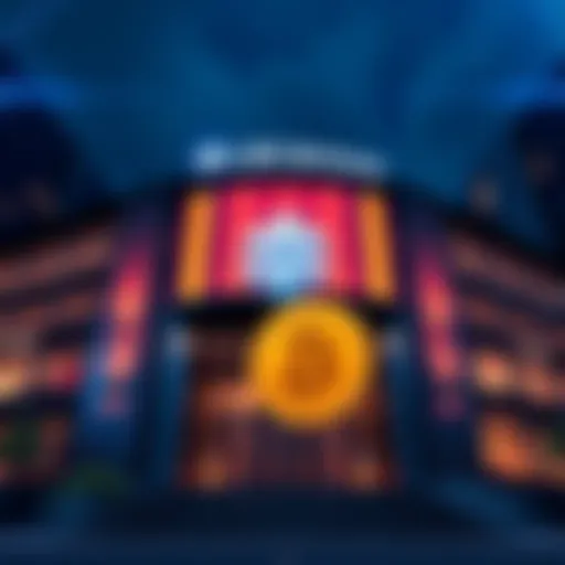 UBS building with Bitcoin and crypto symbols in front, representing new trading services.