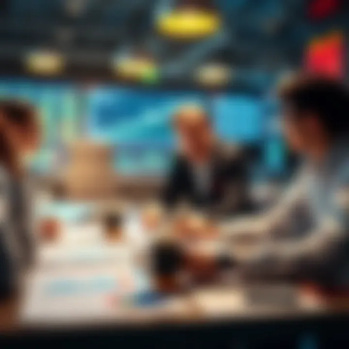 Group of UK investors discussing trading strategies with charts and graphs on a table, focusing on companies like Hargreaves and Trading 212