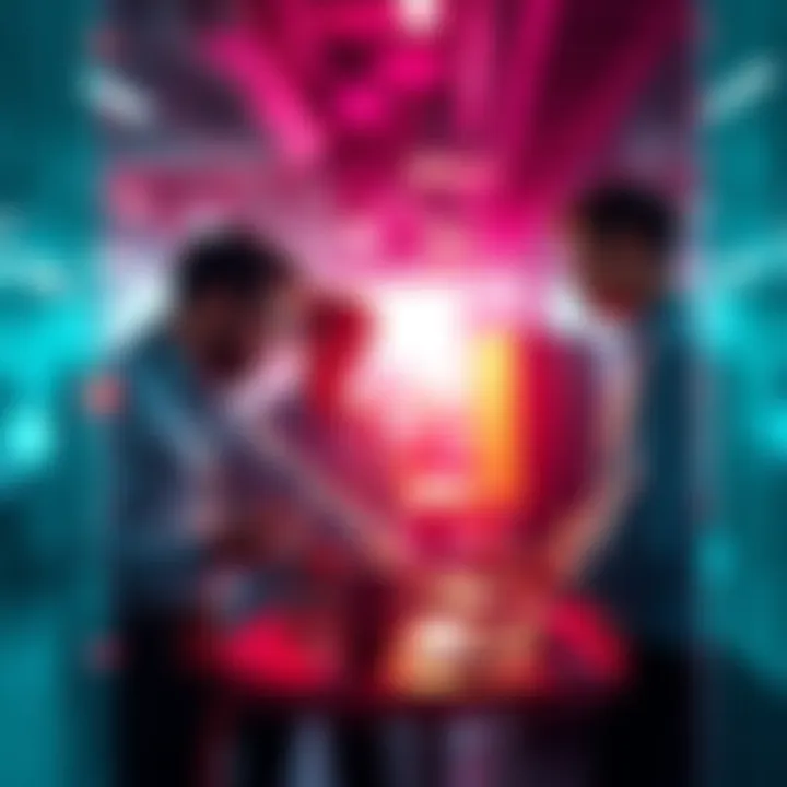 A group of people discussing technology with laptops and smartphones in a modern office setting.