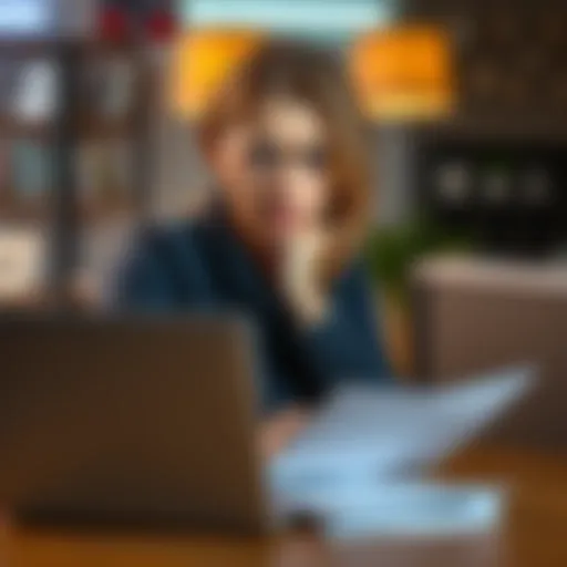 A Ukrainian woman in Austria looks worried while thinking about moving her inheritance from Kyiv, with a laptop and documents on the table beside her.