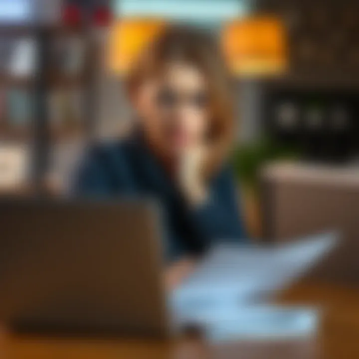 A Ukrainian woman in Austria looks worried while thinking about moving her inheritance from Kyiv, with a laptop and documents on the table beside her.