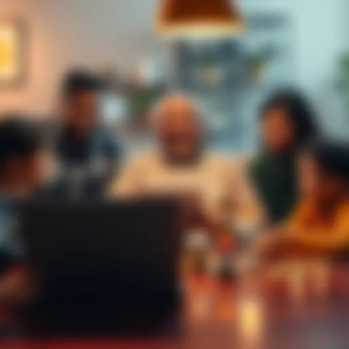 A cheerful uncle sitting at a table with a laptop, looking excited as he explores Bitcoin and Nexo, surrounded by family members observing him, smiling.