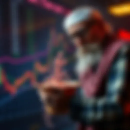 A humorous uncle pouring red salt over a stock chart, symbolizing disruption of market rises.