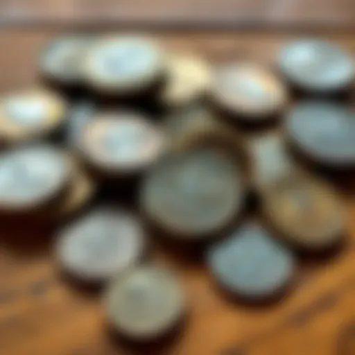 A collection of uncleaned coins showing varying degrees of wear and dirt, appealing to coin collectors, displayed on a wooden surface.