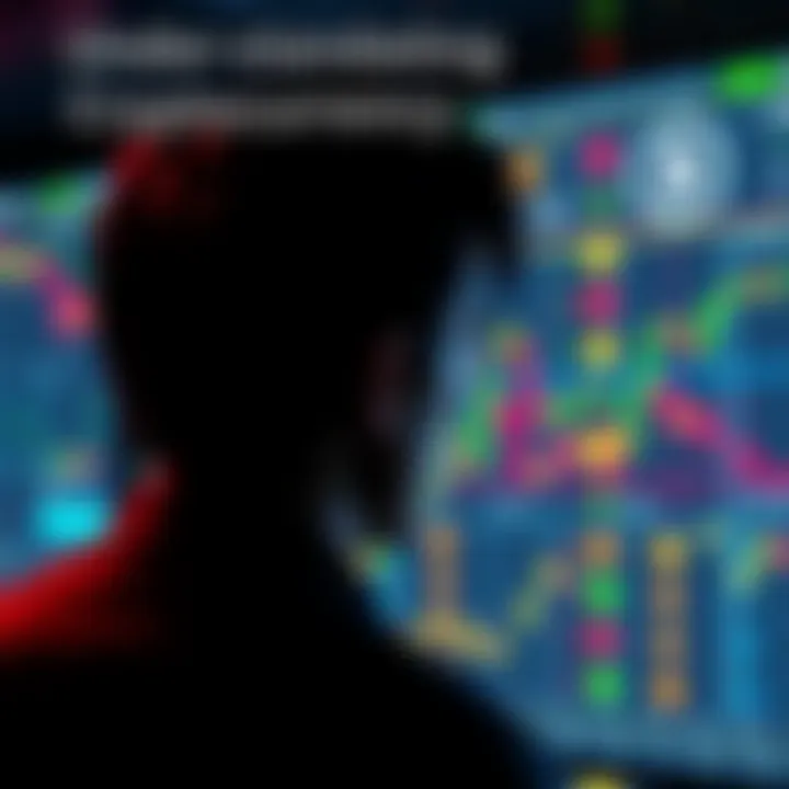 A person looking at a digital screen showing cryptocurrency charts and currency symbols