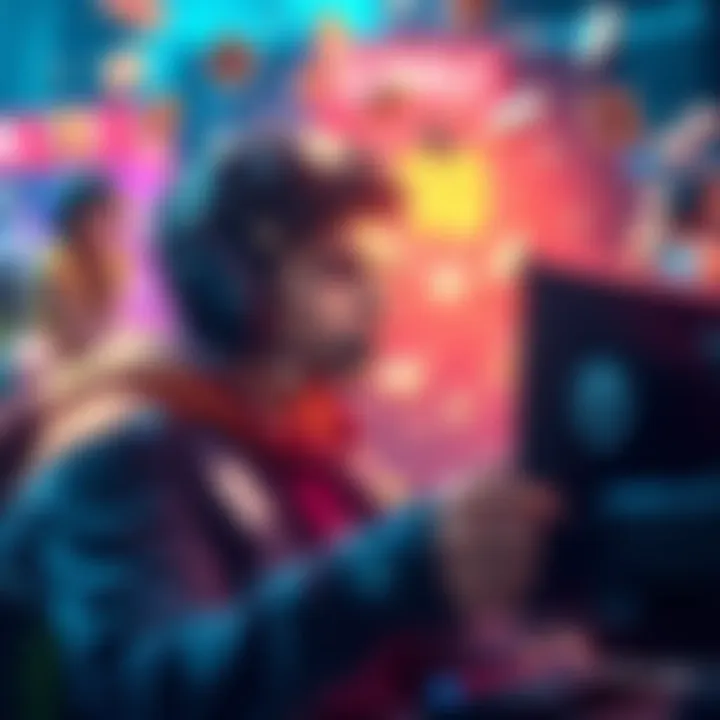 A gamer surrounded by virtual currency and gaming elements, representing high spending in gaming.