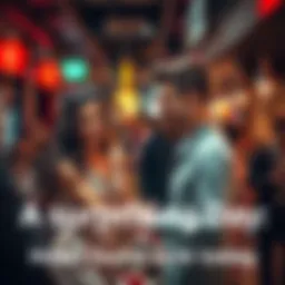 A couple sharing a joyful moment in a busy café, smiling and holding hands, surrounded by people.