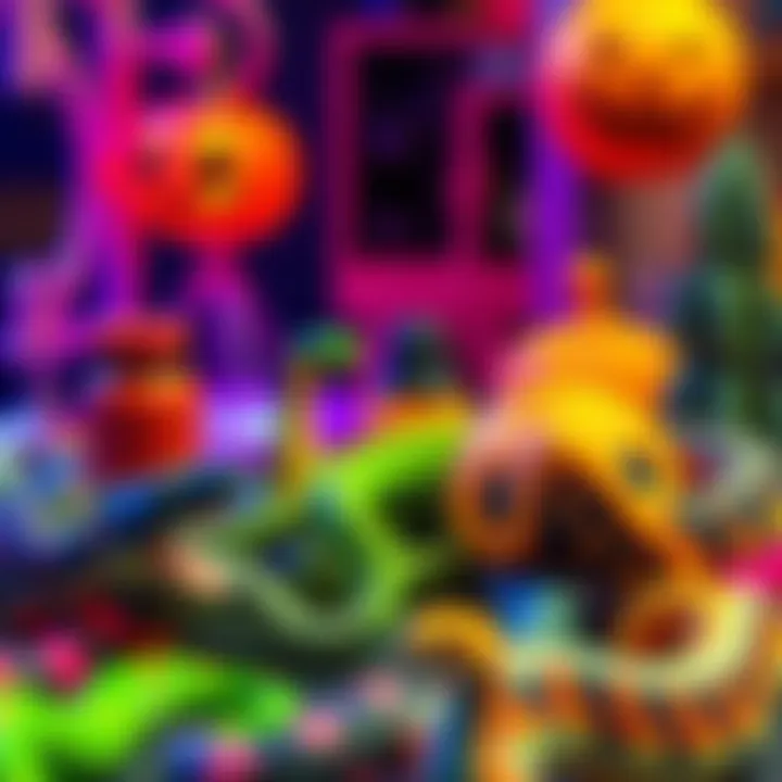 A colorful display of quirky items including 3D printed snakes and Halloween decorations