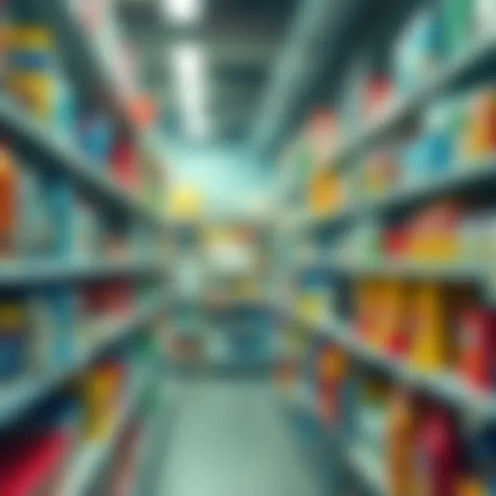 A close-up view of various unsold products sitting on store shelves, highlighting stagnant sales trends in the market.