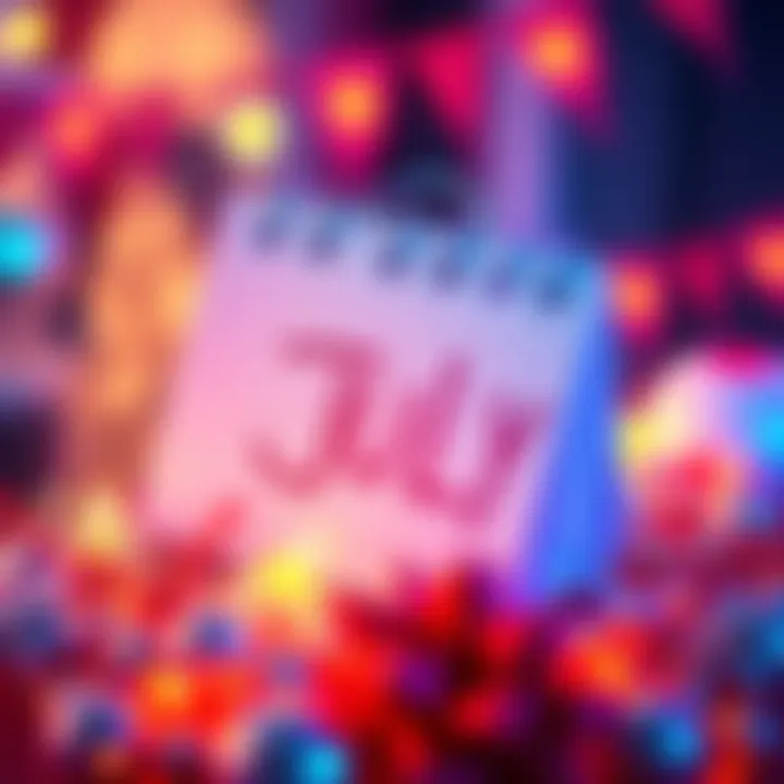 A vibrant graphic featuring a calendar page marked for July with festive decorations, symbolizing a sweepstakes event from Uphold.