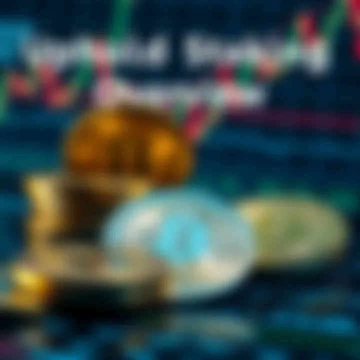 A digital graphic showing cryptocurrency coins with a background of financial charts, representing the safety and risks of staking on Uphold.