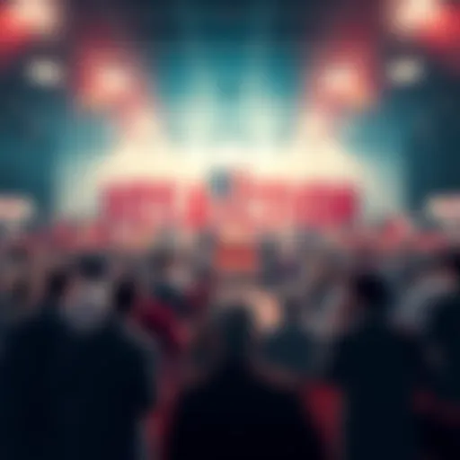 A graphic showing an auction scene in the US with bidders and auctioneer.