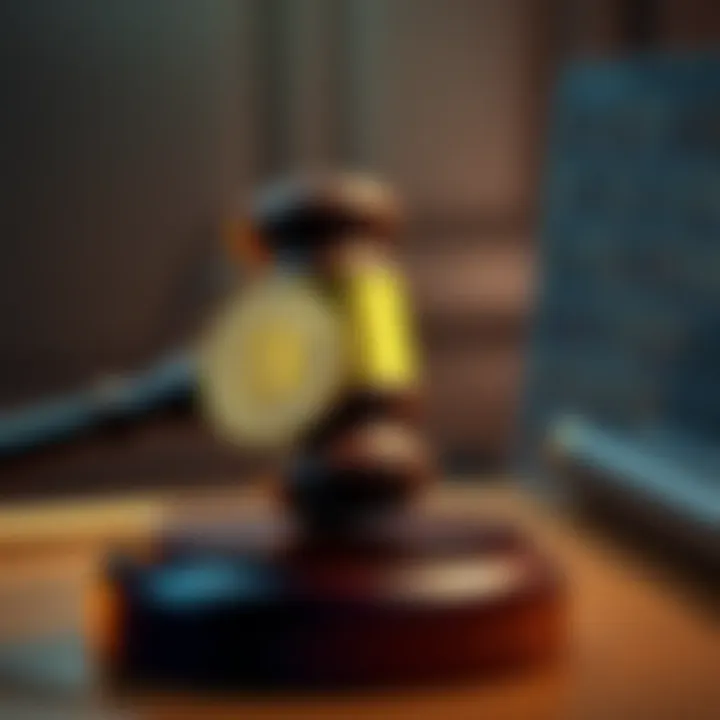 A courtroom gavel with a cryptocurrency symbol, representing the decision to drop charges in a major fraud case.