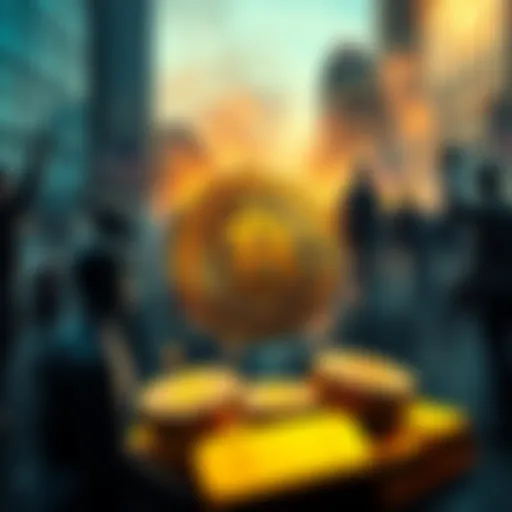 US markets stability A visual representation of stability in US equity markets with symbols of Bitcoin and gold, against a backdrop of national security elements and civil unrest themes.