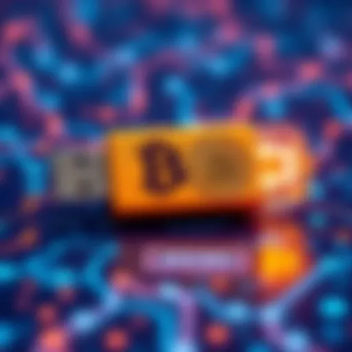 A USB drive labeled with Bitcoin logo, representing a futuristic wallet from 2030, with a digital background of blockchain graphics