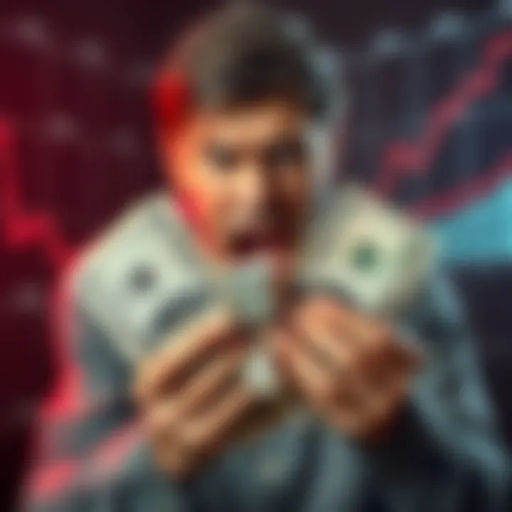 A worried person holding crumpled US dollar bills amid rising prices and charts showing inflation trends.