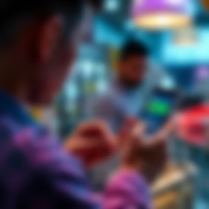 Using USDC for Everyday Purchases A person making a purchase with a smartphone displaying USDC, showing modern payment options.