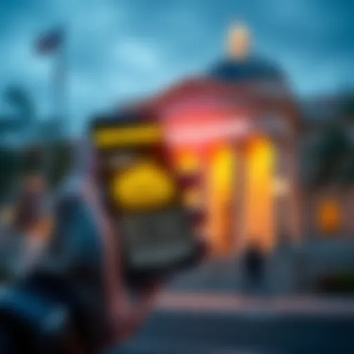 Person holding a smartphone displaying USDC balance on a Solana wallet with bank building in the background