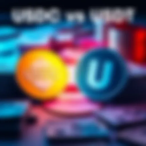 USDC vs USDT Overview A visual comparison of the USDC and USDT logos with a background showing currency stacks, illustrating the stablecoin debate.