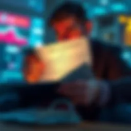 A person reading a user agreement on a digital device with a worried expression, highlighting concerns about online safety and security.