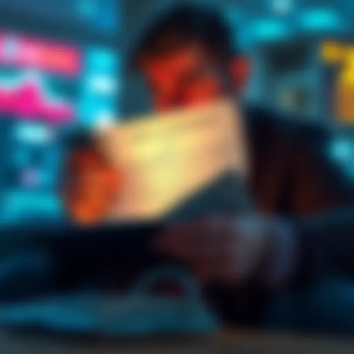 A person reading a user agreement on a digital device with a worried expression, highlighting concerns about online safety and security.