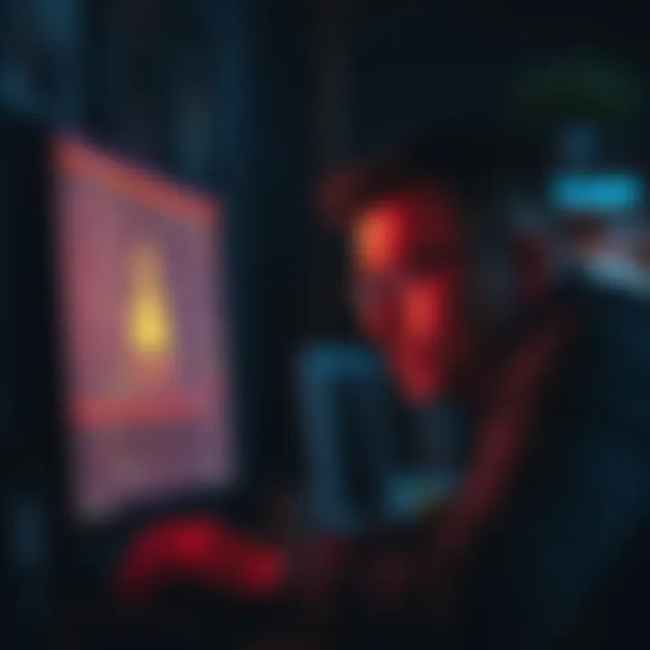 A person looking frustrated while reading a forum on a computer screen, with a warning symbol visible