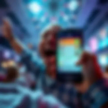 A person excitedly celebrating after receiving rewards from a rewards app, with a phone in hand displaying the app interface and notifications of new rewards.