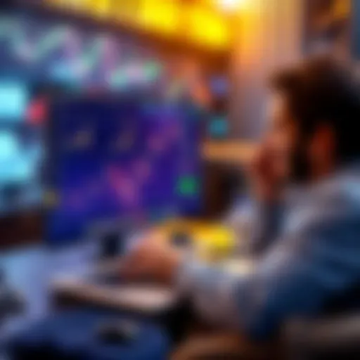 A person interacting with a DeFi platform on a laptop, looking relieved after recovering from a mistake, with charts and digital currency icons displayed on the screen.