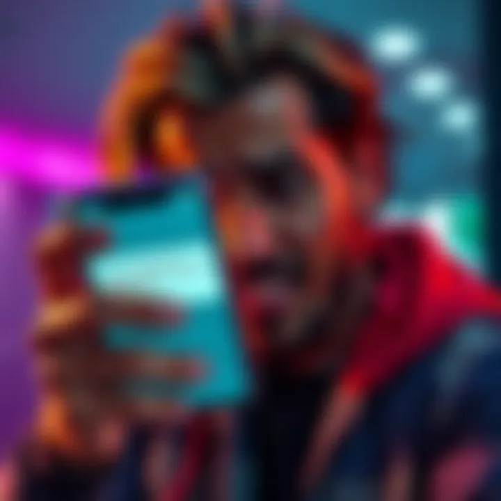 A frustrated person looking at a smartphone displaying the Revolut app, showing an error message about RevPoints redemption